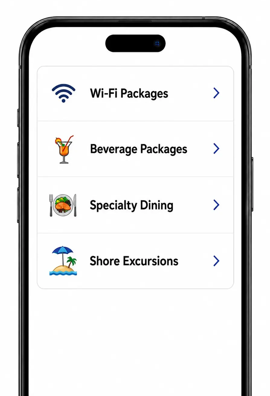 A list of add-ons: Wi-Fi packages, beverage packages, specialty dining and shore excursions