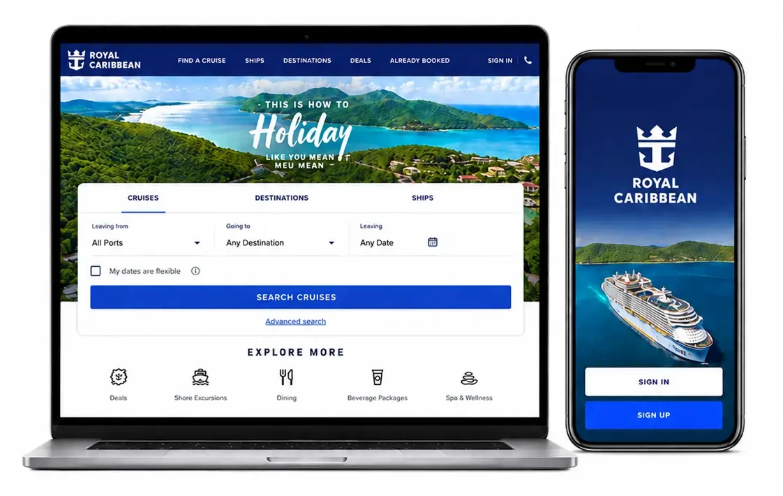 The Royal Caribbean site on a laptop next to the app on a phone